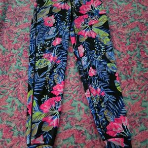 Lilly Pulitzer Black and Pink Track Pants with Tropical Floral Design